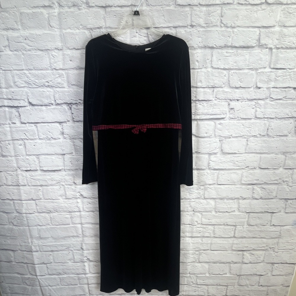 VTG Coldwater Creek Black Velvet  Whimsigoth Plaid Bow Accent Maxi Dress Size M